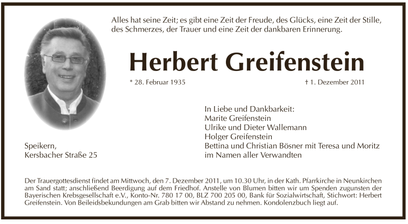  Traueranzeige für Herbert Greifenstein vom 03.12.2011 aus Pegnitz-Zeitung